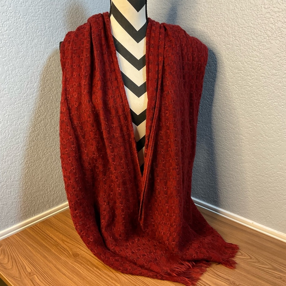 Red Textured Woven Scarf Fringe Boho Rustic Fall Winter Wrap Shawl ox blood